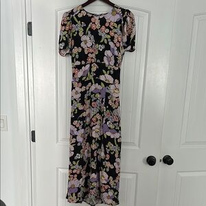 AFRM Floral Black and Purple Dress, Size Large NWOT